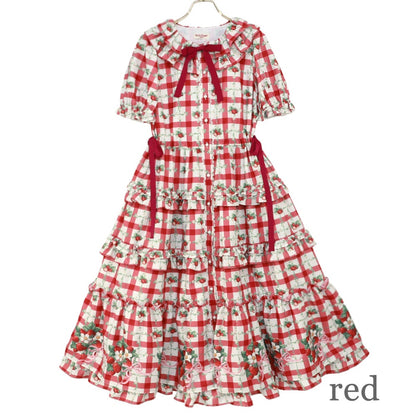 Strawberry Check Tiered Frill Dress