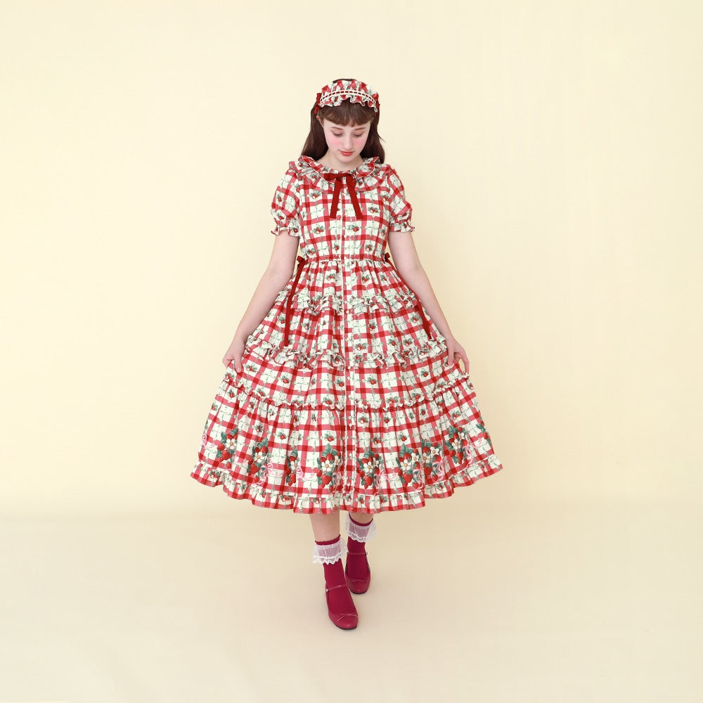 Strawberry Check Tiered Frill Dress