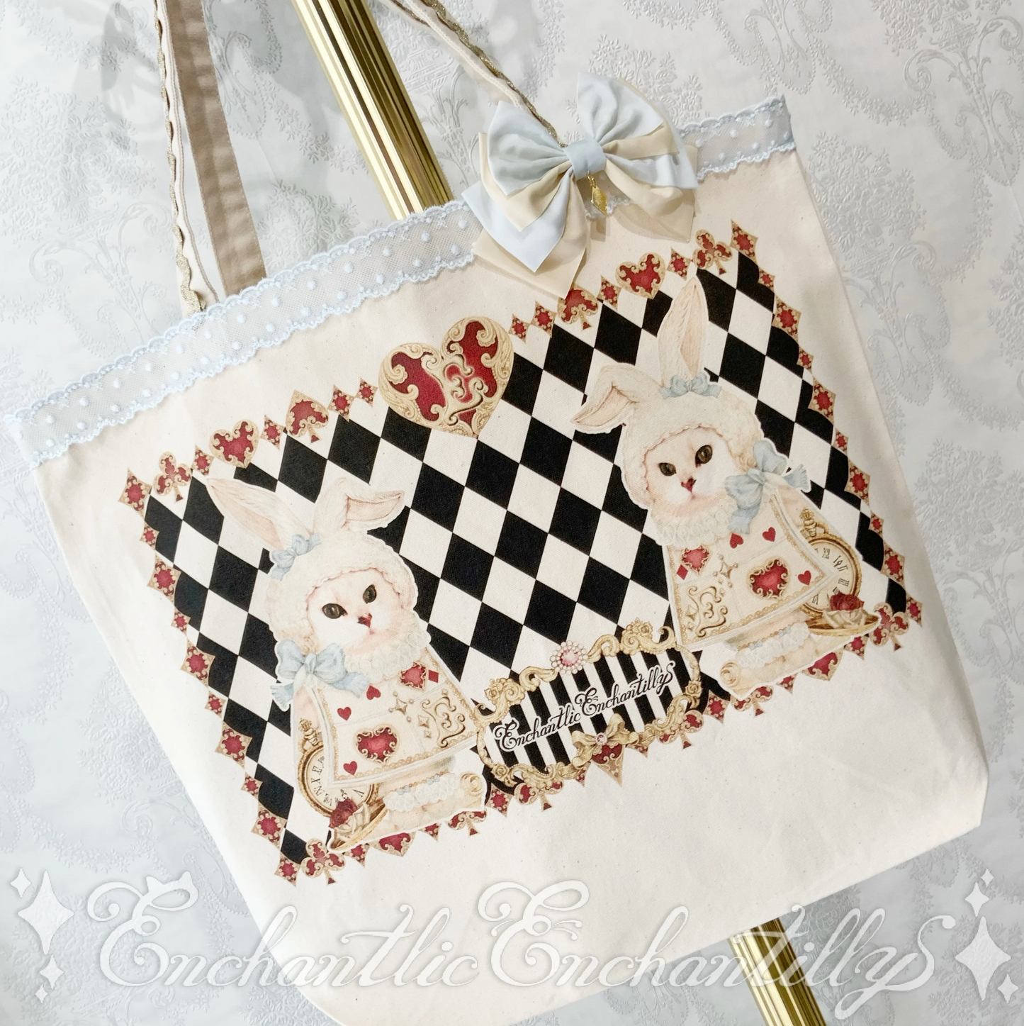 Queen cat from Wonderland large tote bag Twin white rabbits?!