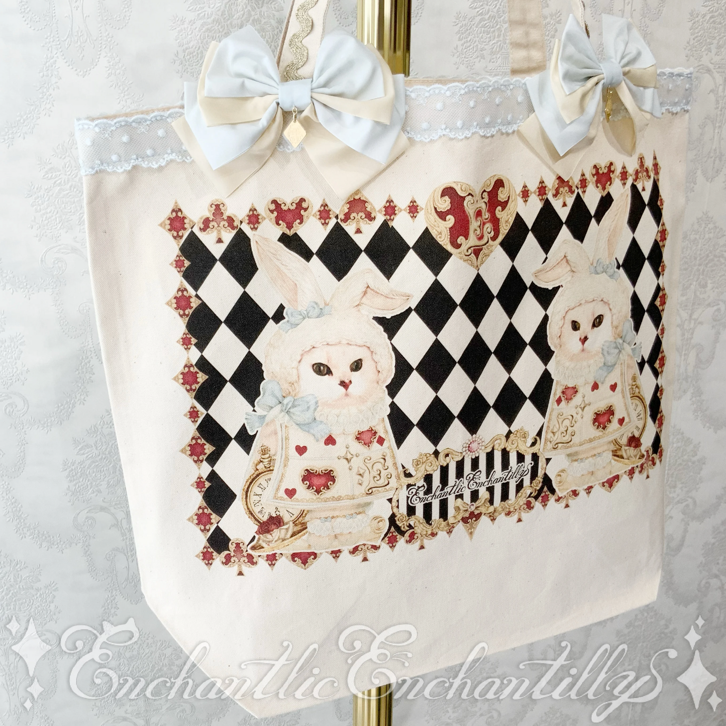Queen cat from Wonderland large tote bag Twin white rabbits?!