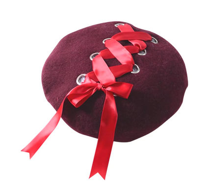 Ribbon Cross Satin Beret - Black x Black