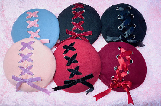 Ribbon Cross Satin Beret - Black x Black