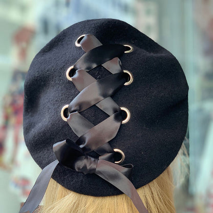 Ribbon Cross Satin Beret - Black x Black